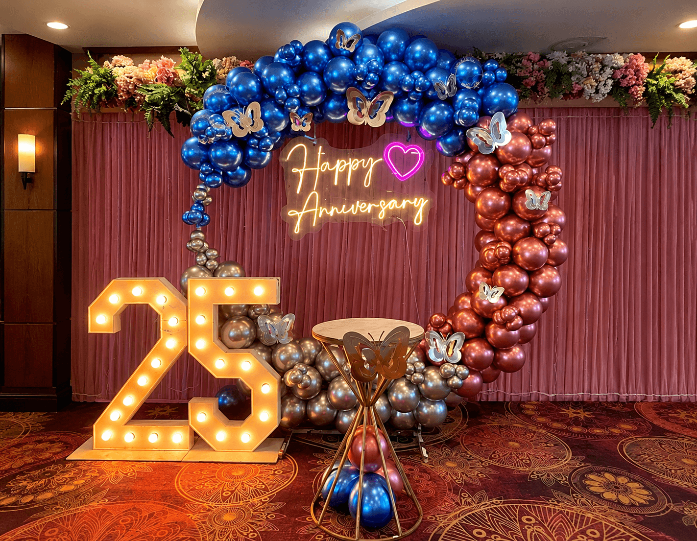 A fully styled decoration setup with backdrop, lights and props