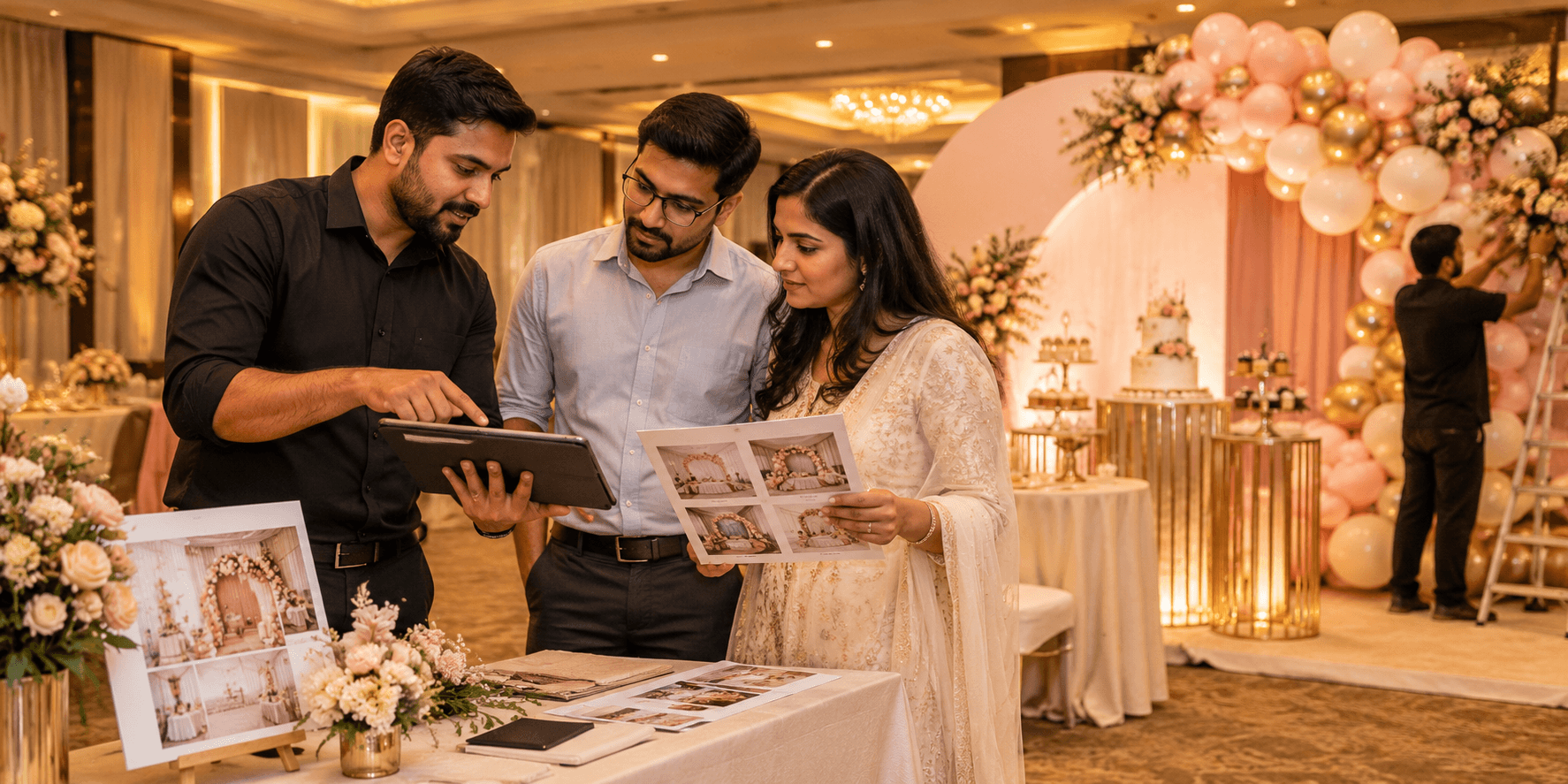 Couple comparing notes with a decorator over a laptop