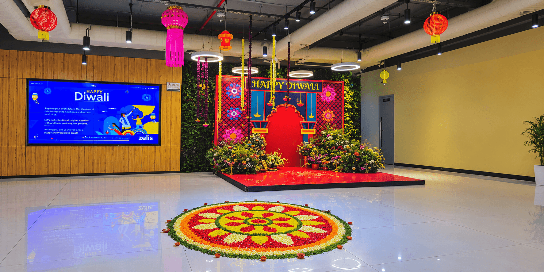 Marigold and drape festive decor setup for an office celebration