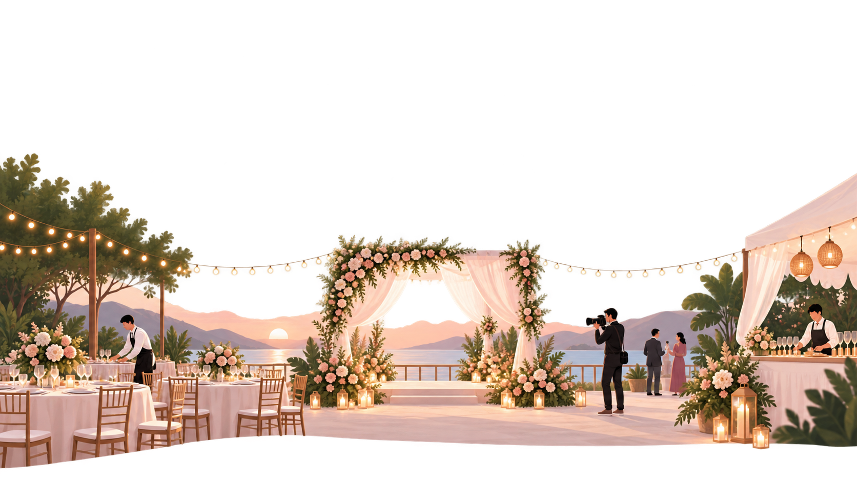 Eventory vendors setting up a lakeside wedding — florists, a photographer, and a catering team at work